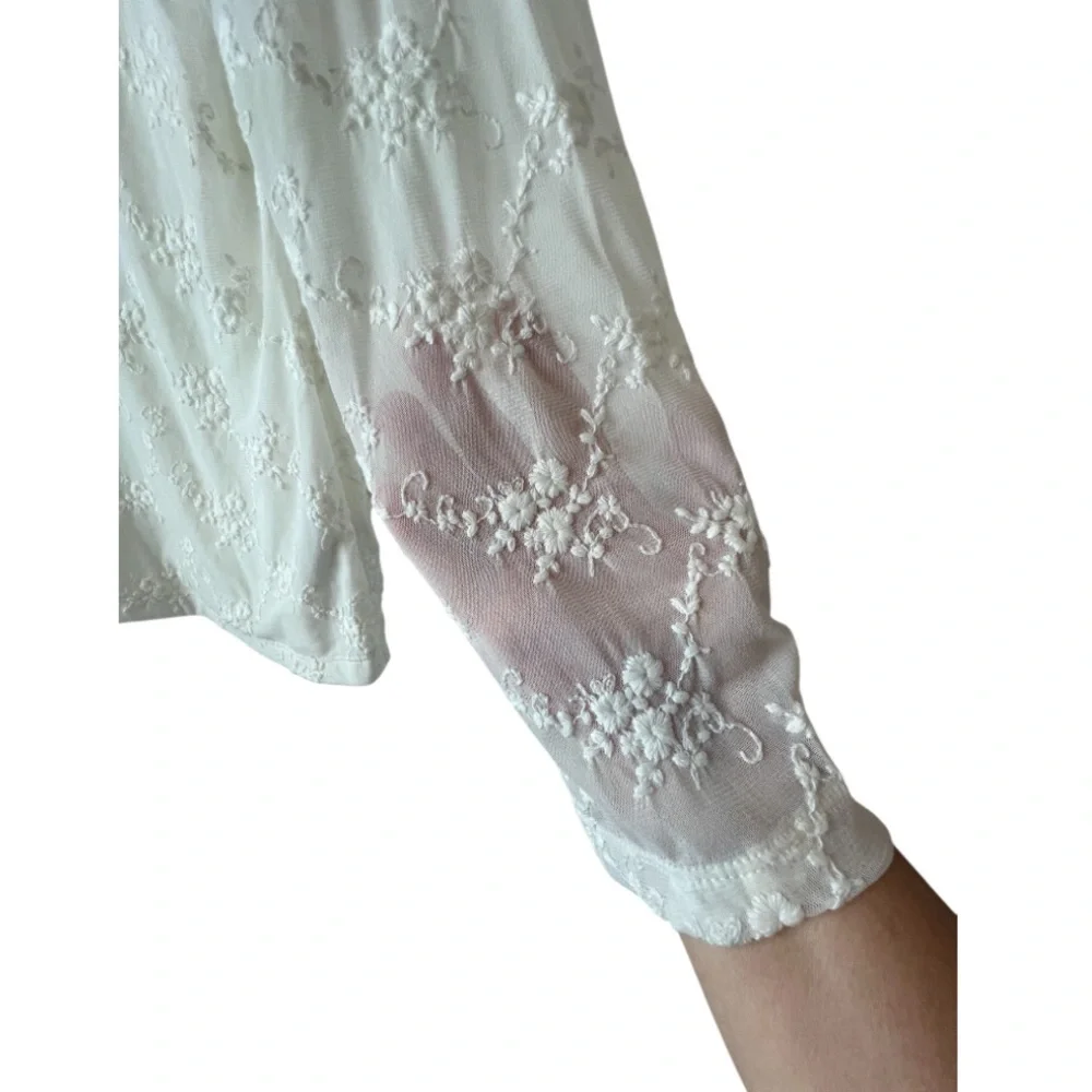 Liz Claiborne XL White Lace Embroidery Semi Sheer Long Sleeve Coquette Top NWT - Picture 11 of 15